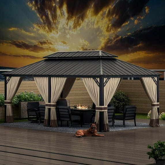 ASJMR 12x20 FT Hardtop Gazebo Double Roof with Metal Frame,Outdoor Pavilion with Curtains and Nettings,Garden Tent For Courtyards Backyards Decks Grass,Sand