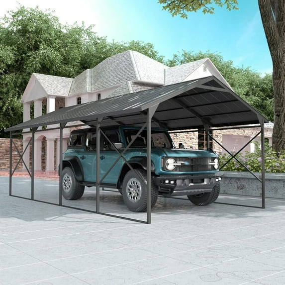 ASJMR 12x22 Ft Metal Carport Hardtop Outdoor Canopy Shelter Garage Gazebo Weather-Resistant with Enhanced Base and Galvanized Steel Roof For Car,Truck,Pickups,Tractors & Boat