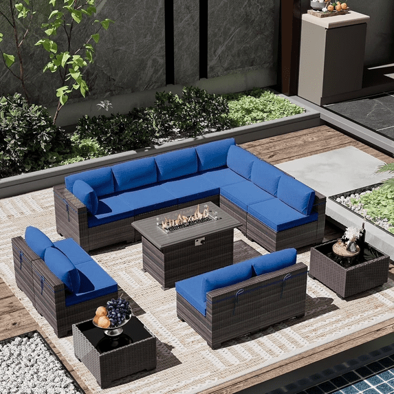 ASJMR 13 Pieces Outdoor Patio Furniture with Fire Pit Table Rattan Wicker Sectional Sofa Conversation Set,Gray