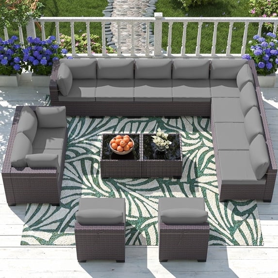 ASJMR 14 Pieces PE Rattan Patio Furniture Conversation Set Outdoor All-Weather Sectional Sofa Set For Garden Backyard,Gray
