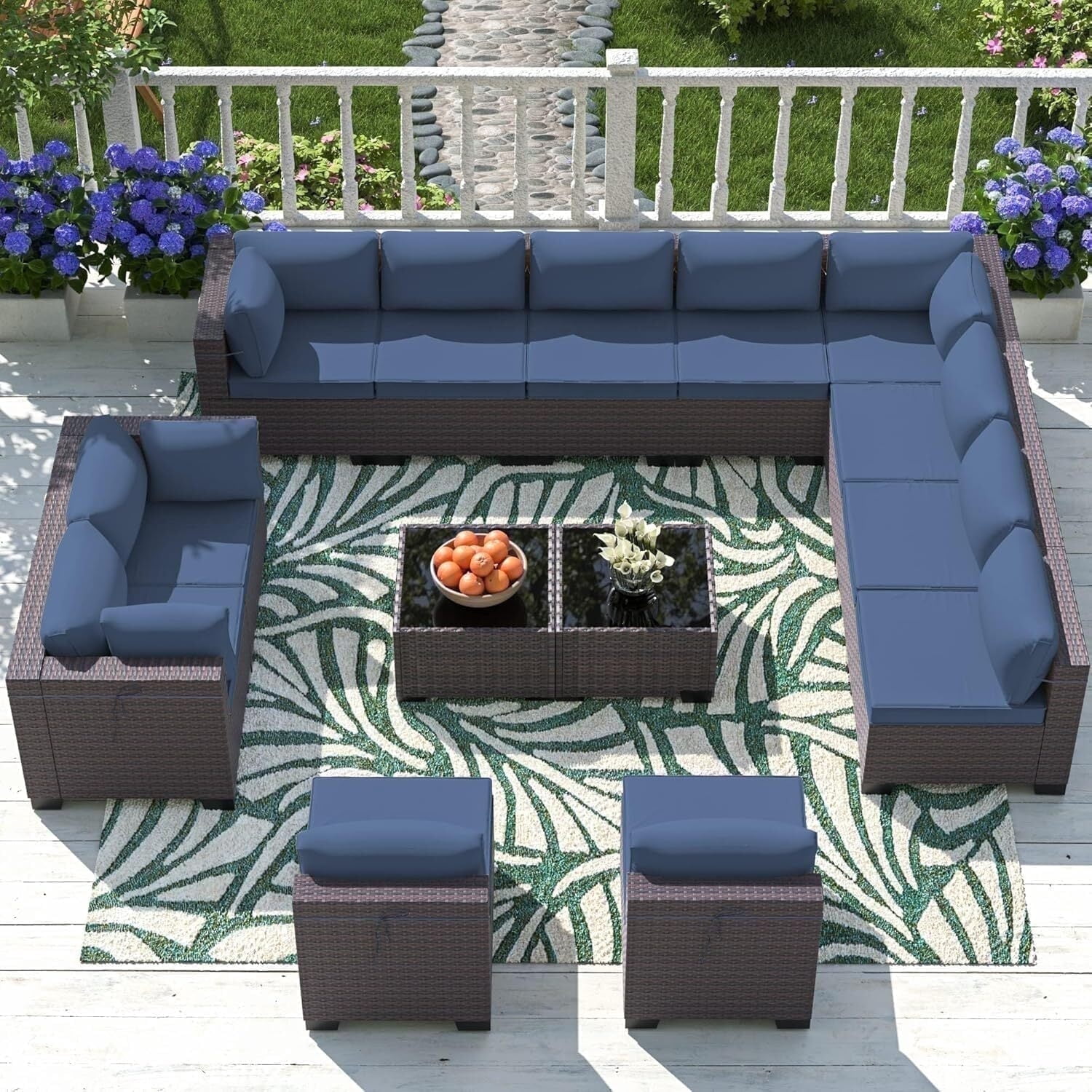ASJMR 14 Pieces PE Rattan Patio Furniture Conversation Set Outdoor All-Weather Sectional Sofa Set For Garden Backyard,Navy