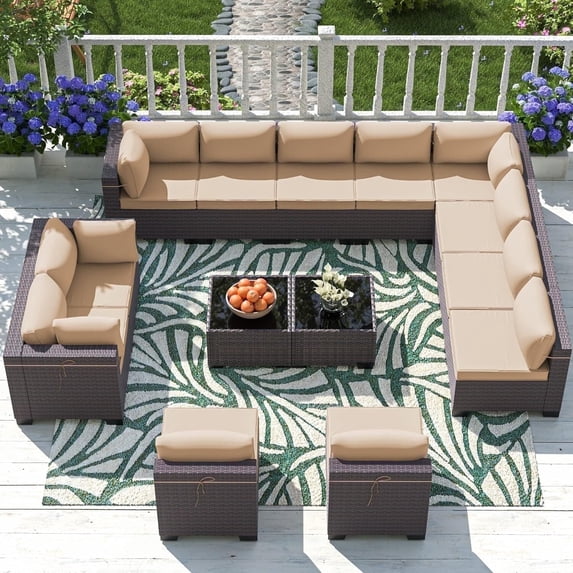 ASJMR 14 Pieces PE Rattan Patio Furniture Conversation Set Outdoor All-Weather Sectional Sofa Set For Garden Backyard,Sand