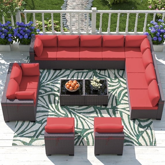 ASJMR 12PCS PE Rattan Patio Furniture Conversation Set All-Weather Sectional Sofa Set with Coffee Table & Cushions (Red)