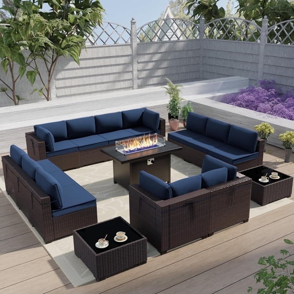 ASJMR 15 Piece PE Wicker Conversation Furniture Set,Rattan Sectional Sofa with Coffee Table And 43" Aluminum Propane Gas Fire Pit Table,Navy