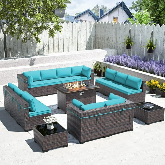 ASJMR 15 Pieces Outdoor Patio Furniture Set with 43" Fire Pit Table,Outside PE Rattan Wicker Sectional Sofa Conversation Sets with Coffee Table and Green Cushions