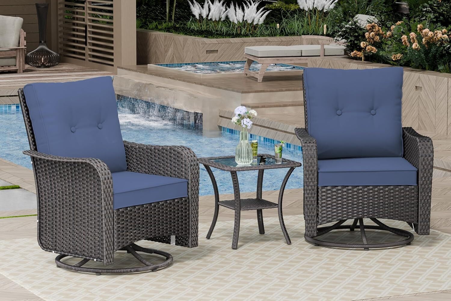 ASJMR 3PCS Patio Wicker Chairs Swivel Rocker with Coffee Table and Cushions, Outdoor Rattan Rocking Chairs for Porch Pool, Navy Blue