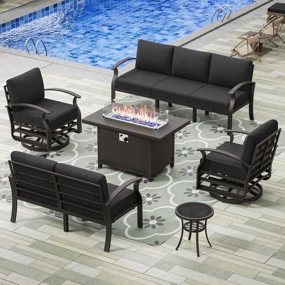 ASJMR 2PCS Aluminum Armrest Sofa with 2 Swivel Rocking Chairs & 45" Fire Pit Table & Glass Top Table,Outdoor Patio Furniture Conversation Set,Black