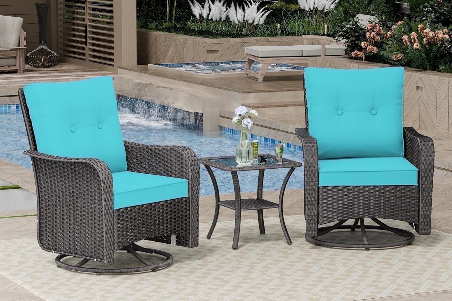 ASJMR 3PCS Patio Wicker Chairs Swivel Rocker with Coffee Table and Cushions, Outdoor Rattan Rocking Chairs for Porch Pool, Green