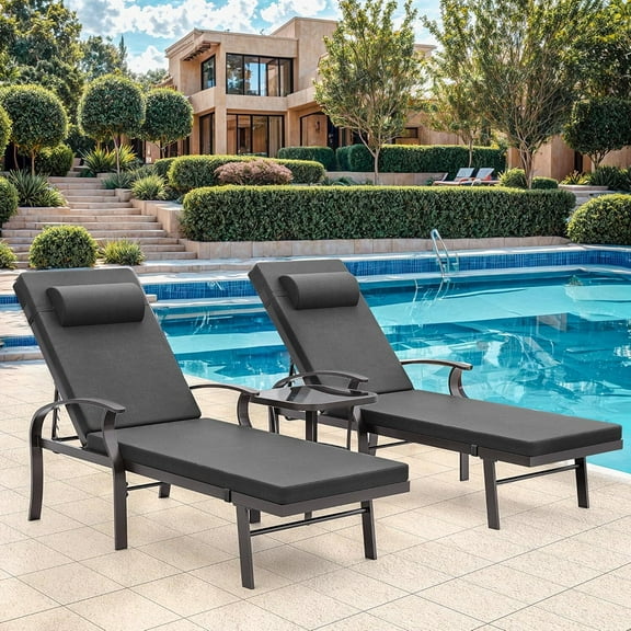 ASJMR 2pcs Adjustable Aluminum Lounge Chairs With Side Table And Cushions,3 Pieces Outdoor Patio Chaise Recliner Set,Black