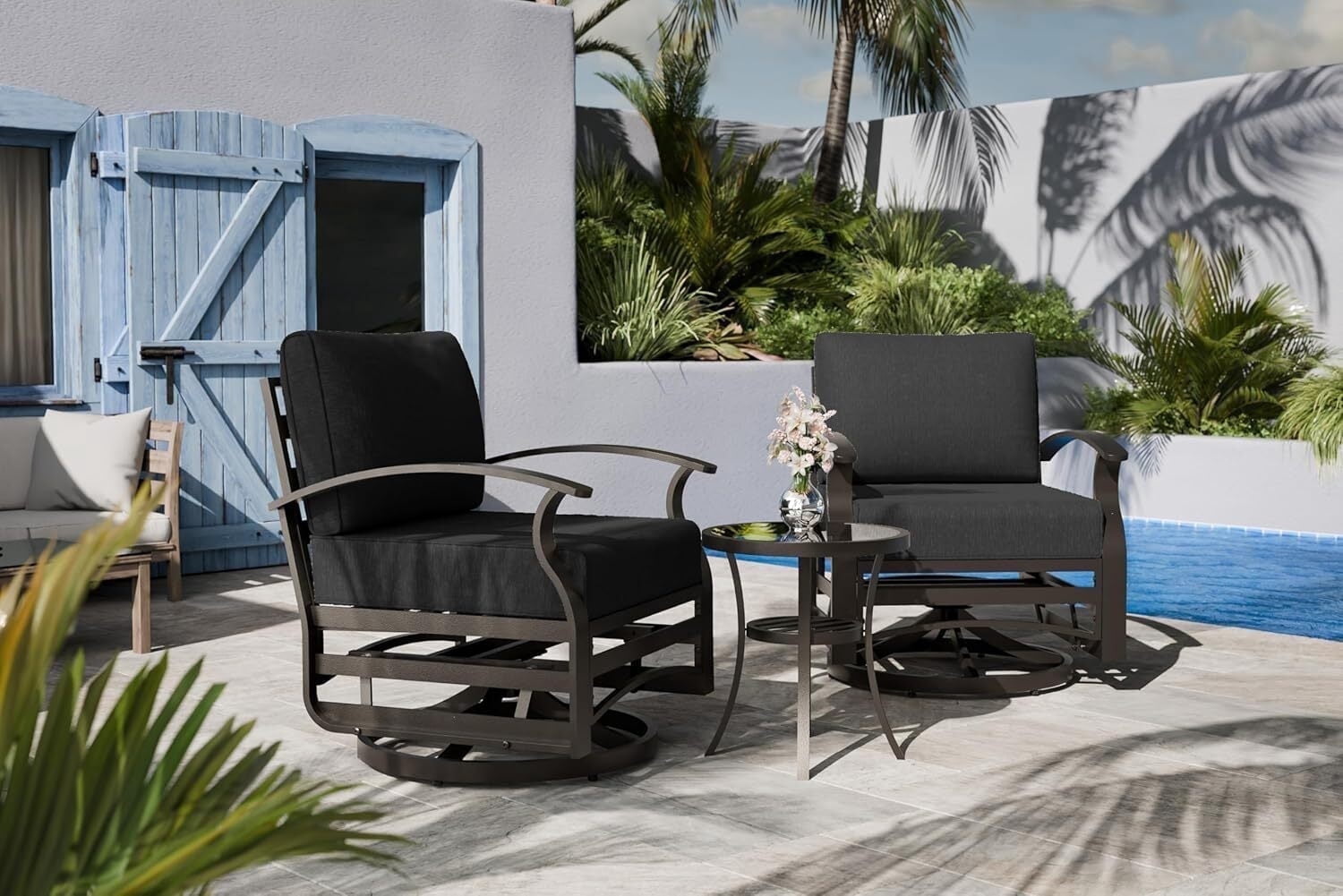 ASJMR 3PCS Outdoor Aluminum Swivel Rocking Chairs, 2-Person Patio Furniture Conversation Set with Coffee Table and Cushions, Black