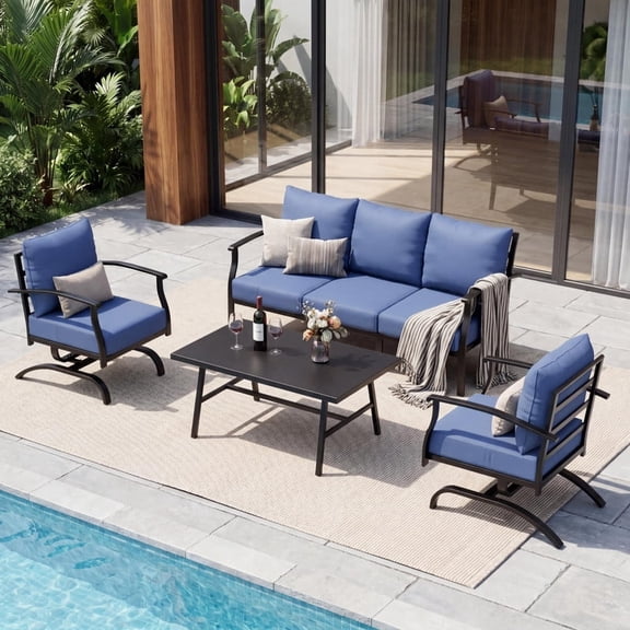 ASJMR 4-Piece Modern Outdoor Metal Furniture Set, Weather-Resistant Conversation Sofa with Soft Cushions & Side Table, Ideal for Balcony, Porch and Deck - Navy