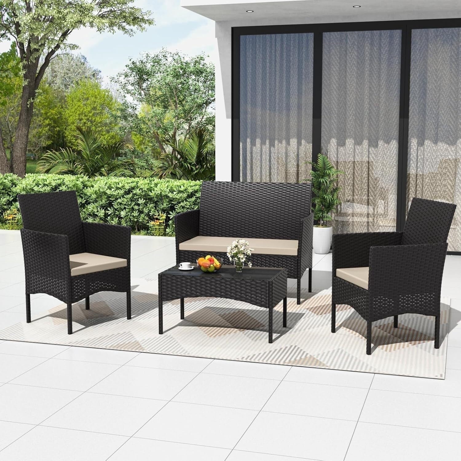 ASJMR 4 Pieces Outdoor Patio Furniture Sets Conversation Sets Rattan Chair Wicker Sets with Cushions & Tempered Glass Table for Patio Pool Backyard,Brown