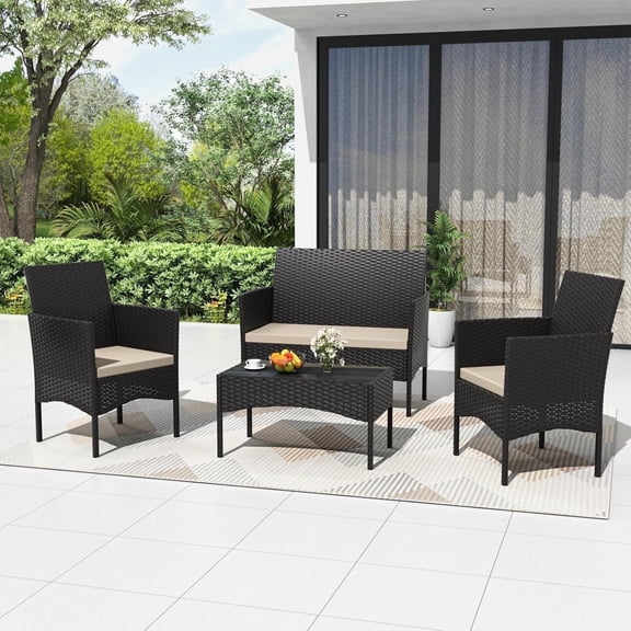ASJMR 4 Pieces Outdoor Patio Furniture Sets Conversation Sets Rattan Chair Wicker Sets with Cushions & Tempered Glass Table for Patio Pool Backyard,Brown