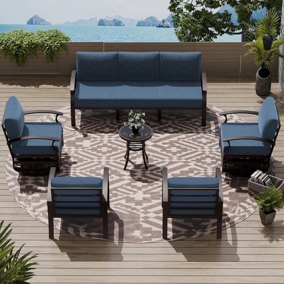 ASJMR 3PCS Aluminum Armrest Sofa with 2 Swivel Rocking Chairs & Glass Top Table,Outdoor Patio Furniture Conversation Set,Navy