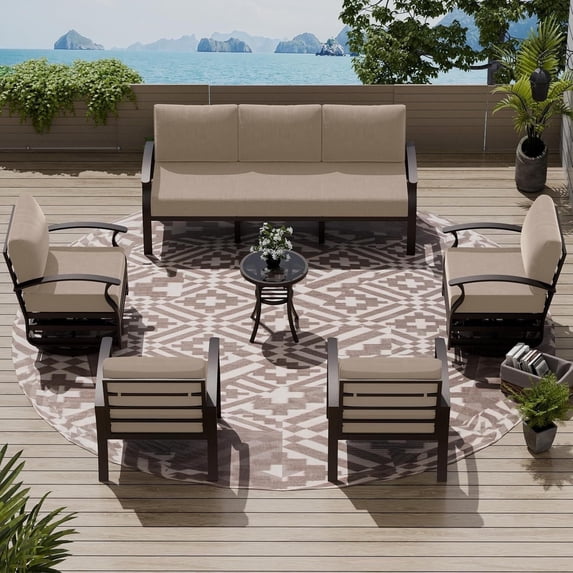 ASJMR 3PCS Aluminum Armrest Sofa with 2 Swivel Rocking Chairs & Glass Top Table,Outdoor Patio Furniture Conversation Set,Sand