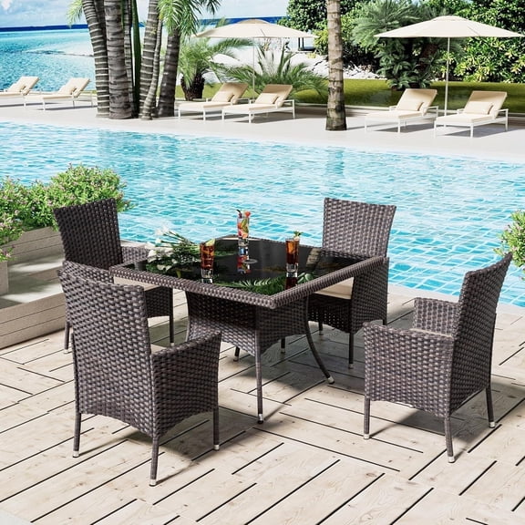 ASJMR 5 Pieces Dining Set Outdoor Indoor with PE Rattan Wicker Umbrella Hole Patio Dining Table and Armrest Chairs, Sand