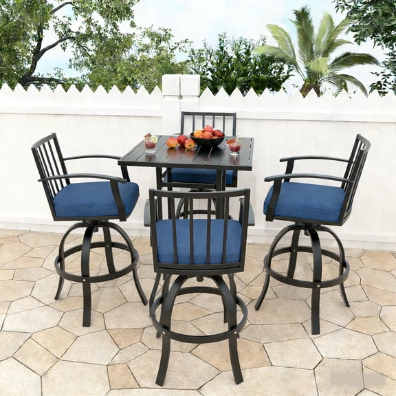 ASJMR 5 Pieces Patio Swivel Bar Set, Outdoor Metal Bar Stools for 4, High Top Table & Cushioned Chairs for Backyard, Poolside, Porch, Blue