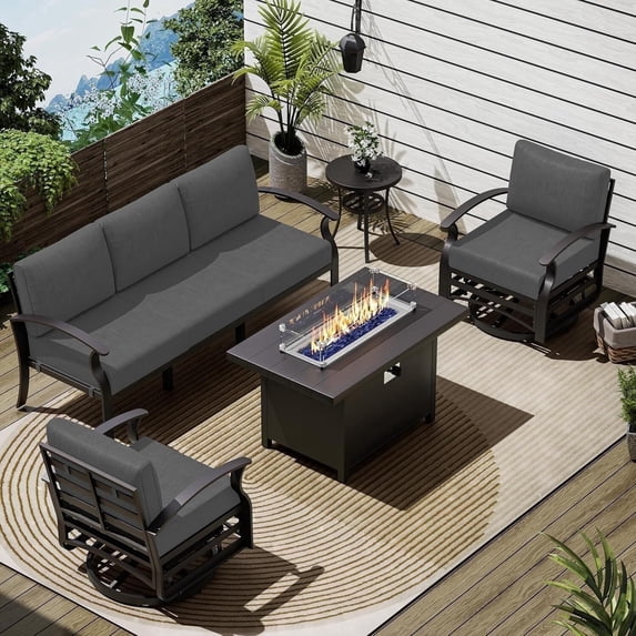 ASJMR 5 Seat Aluminum Patio Furniture Set with Fire Pit Table and Swivel Rocking Chairs Outdoor Armrest Sofa Conversation Set,Grey