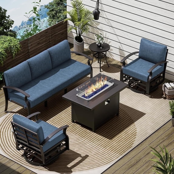 ASJMR 5 Seat Aluminum Patio Furniture Set with Fire Pit Table and Swivel Rocking Chairs Outdoor Armrest Sofa Conversation Set,Navy
