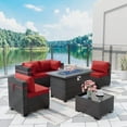 thumbnail image 1 of ASJMR 6 Pieces PE Wicker Conversation Furniture Set,Rattan Sectional Sofa with 43" Propane Gas Fire Pit Table And Coffee Table,Red, 1 of 9