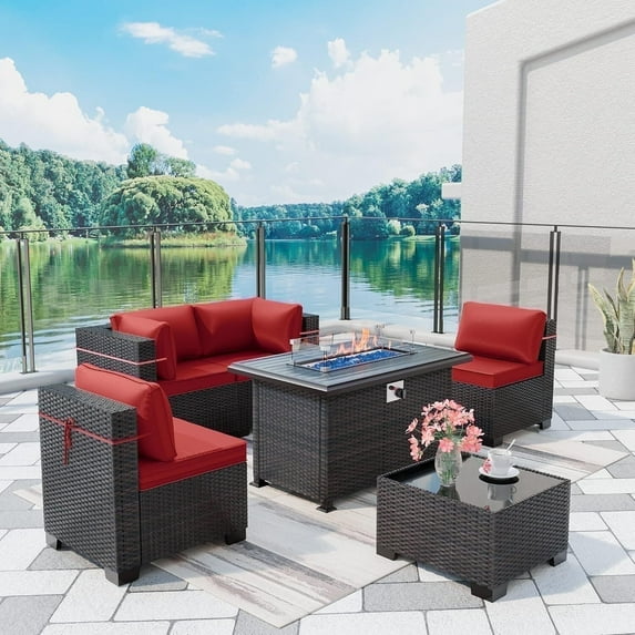 ASJMR 6 Pieces PE Wicker Conversation Furniture Set,Rattan Sectional Sofa with 43" Propane Gas Fire Pit Table And Coffee Table,Red