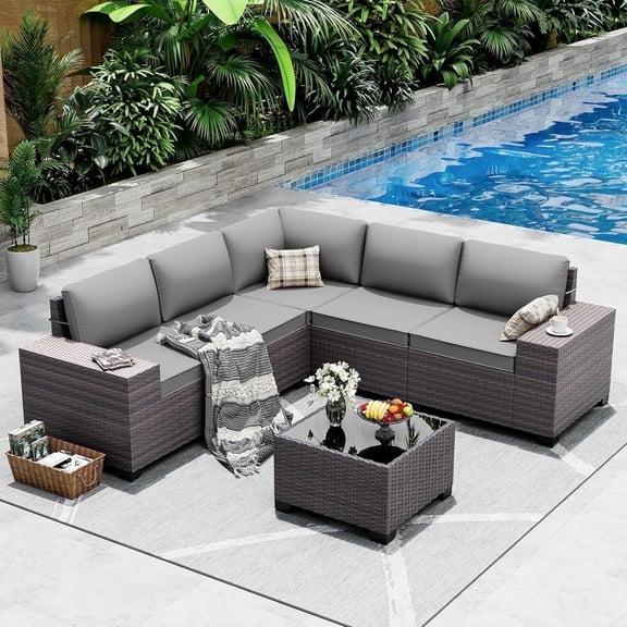 ASJMR 6 Pieces Patio Outdoor Furniture Set All-Weather Rattan Wicker Conversation Outside Sectional Sofa Chair Set With Cushions & Coffee Table,Gray