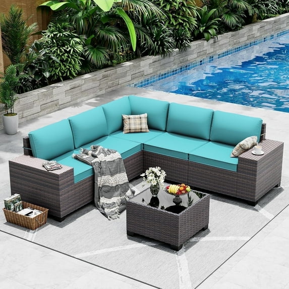 ASJMR 6 Pieces Patio Outdoor Furniture Set All-Weather Rattan Wicker Conversation Outside Sectional Sofa Chair Set with Cushions & Coffee Table,Green