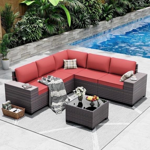 ASJMR 6 Pieces Patio Outdoor Furniture Set All-Weather Rattan Wicker Conversation Outside Sectional Sofa Chair Set with Cushions & Coffee Table,Red