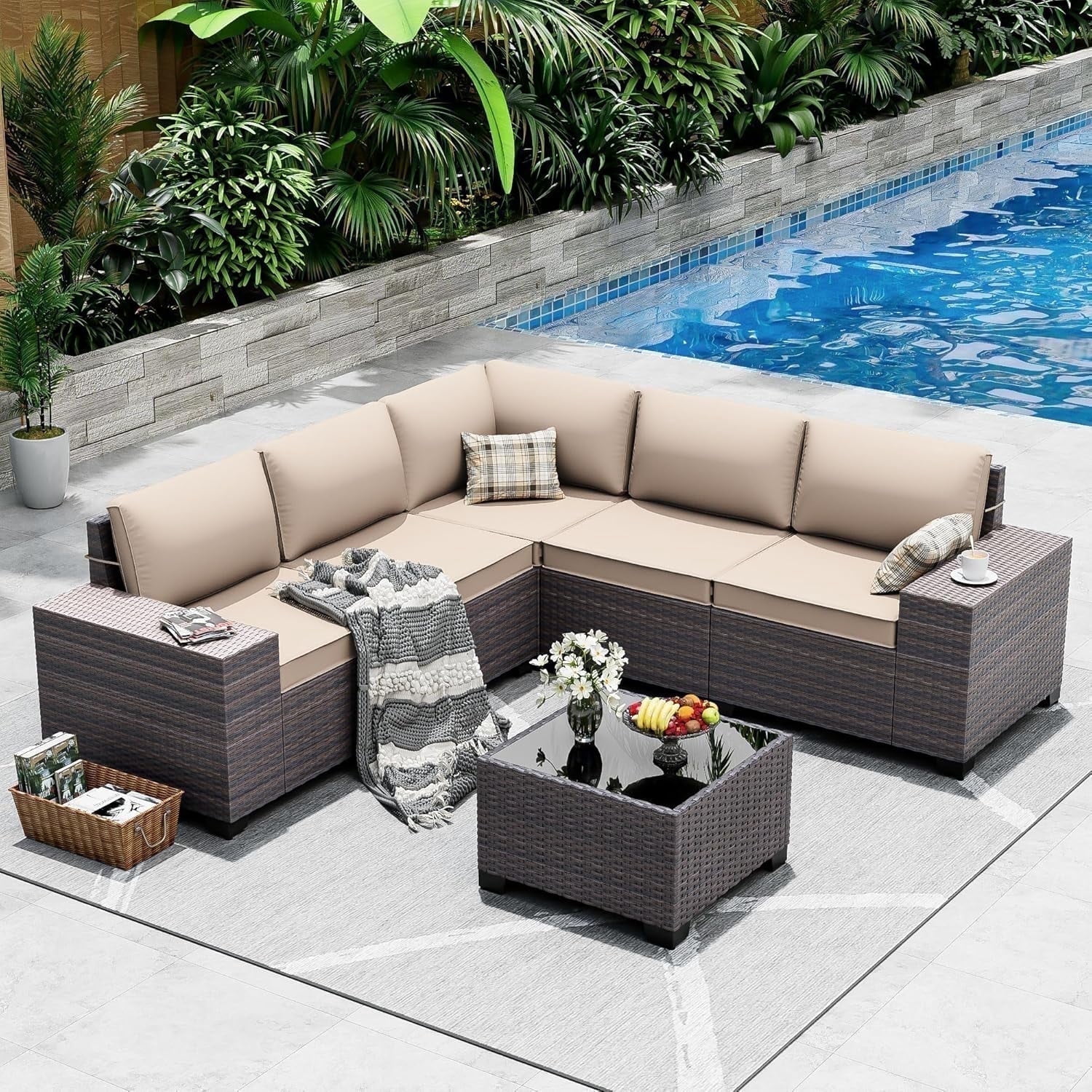 ASJMR 6 Pieces Patio Outdoor Furniture Set All-Weather Rattan Wicker Conversation Outside Sectional Sofa Chair Set with Cushions & Coffee Table,Sand