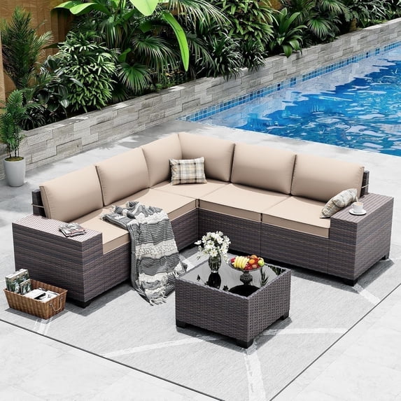 ASJMR 6 Pieces Patio Outdoor Furniture Set All-Weather Rattan Wicker Conversation Outside Sectional Sofa Chair Set with Cushions & Coffee Table,Sand