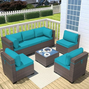 ASJMR 6 Rattan Sectional Sofa with Coffee Table And Cushions,7 Pieces All-Weather Patio Outdoor PE Wicker Conversation Furniture Set,Green