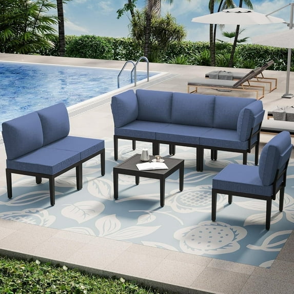 ASJMR 7 Piece Metal Patio Furniture Set Outdoor Sectional Sofa Set With Cushions & Coffee Table,Navy