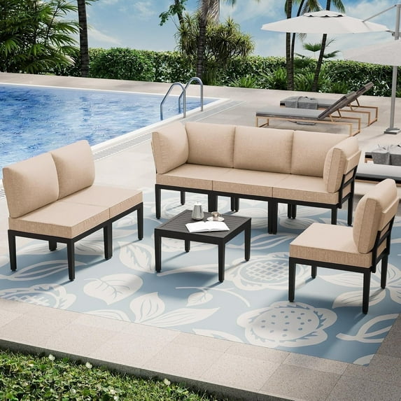 ASJMR 7 Piece Metal Patio Furniture Set Outdoor Sectional Sofa Set With Cushions & Coffee Table,Sand