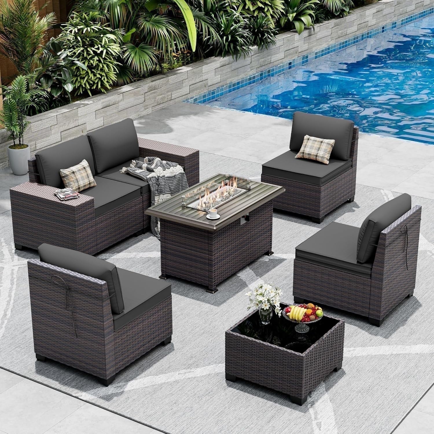 ASJMR 7 Pieces Wicker Patio Furniture Set With Gas Fire Pit Table,Outdoor Rattan Sectional Sofa Conversation Set With Cushions & Coffee Table,Black