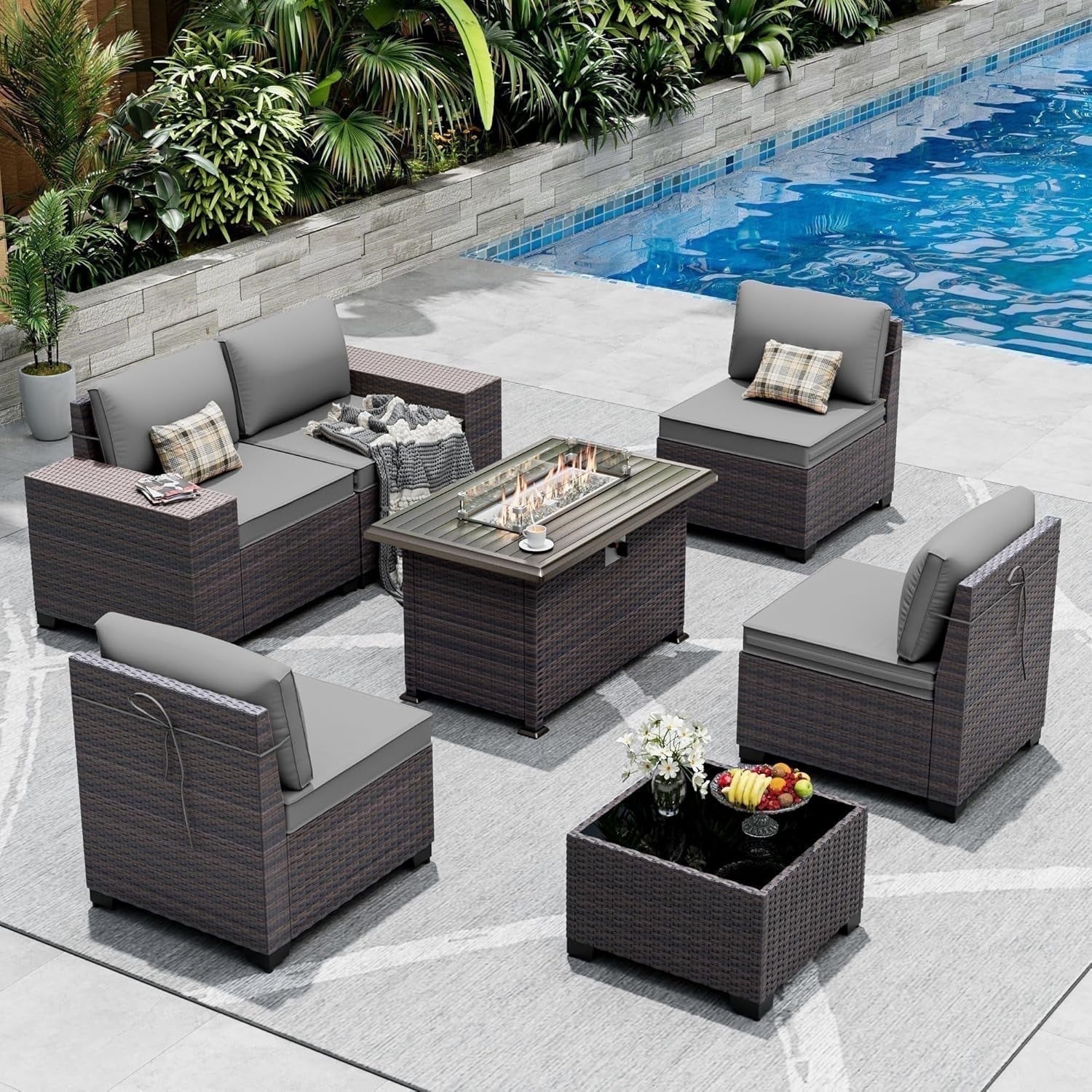 ASJMR 7 Pieces Wicker Patio Furniture Set With Gas Fire Pit Table,Outdoor Rattan Sectional Sofa Conversation Set With Cushions & Coffee Table,Gray