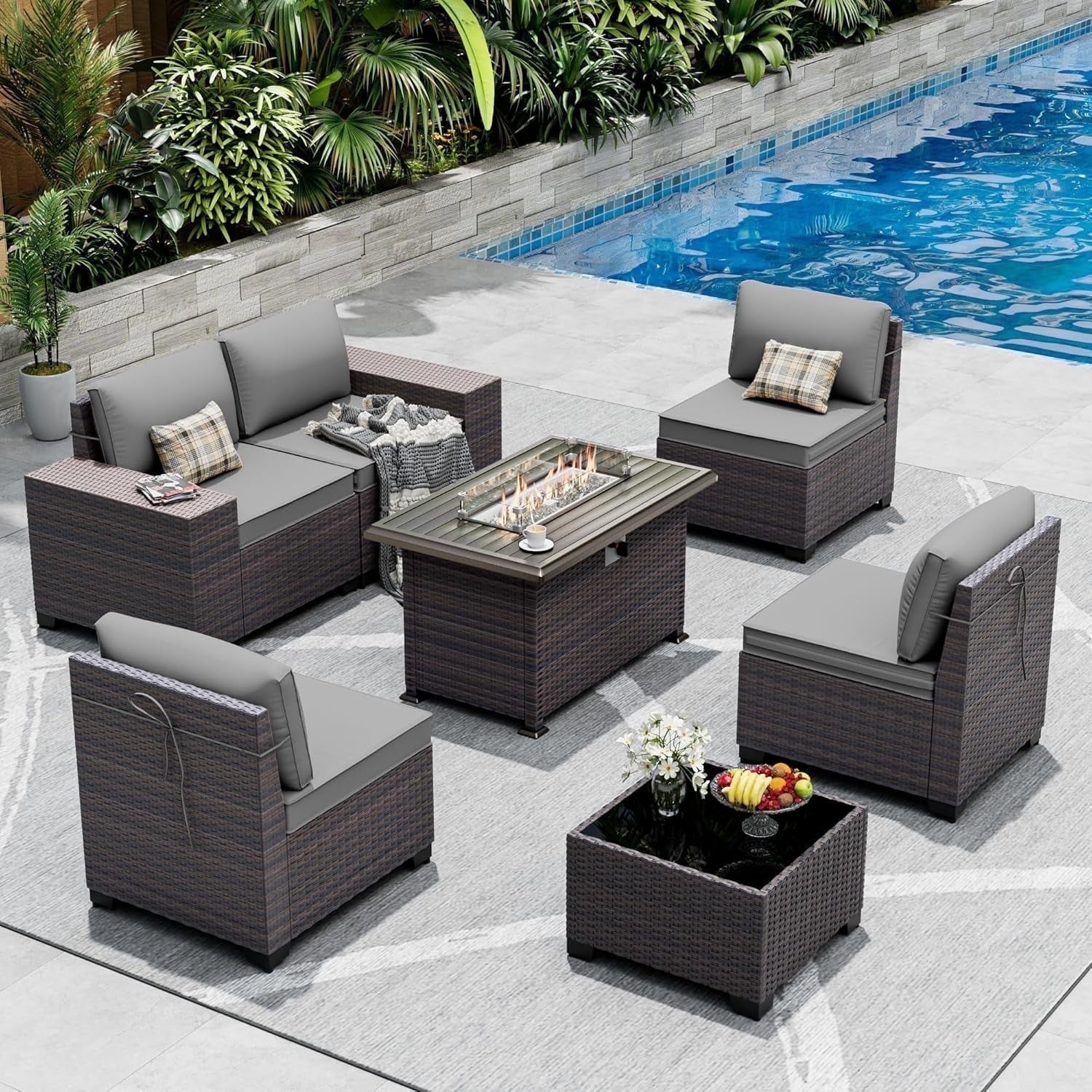 Walmart promo code:  ASJMR 7 Pieces Wicker Patio Furniture Set With Gas Fire Pit Table,Outdoor Rattan Sectional Sofa Conversation Set With Cushions & Coffee Table,Gray