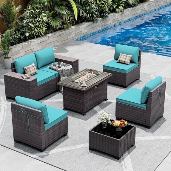ASJMR 7 Pieces Wicker Patio Furniture Set with Gas Fire Pit Table,Outdoor Rattan Sectional Sofa Conversation Set With Cushions & Coffee Table,Green