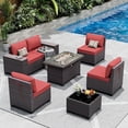 thumbnail image 1 of ASJMR 7 Pieces Wicker Patio Furniture Set With Gas Fire Pit Table,Outdoor Rattan Sectional Sofa Conversation Set With Cushions & Coffee Table,Red, 1 of 10