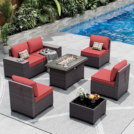 ASJMR 7 Pieces Wicker Patio Furniture Set With Gas Fire Pit Table,Outdoor Rattan Sectional Sofa Conversation Set With Cushions & Coffee Table,Red