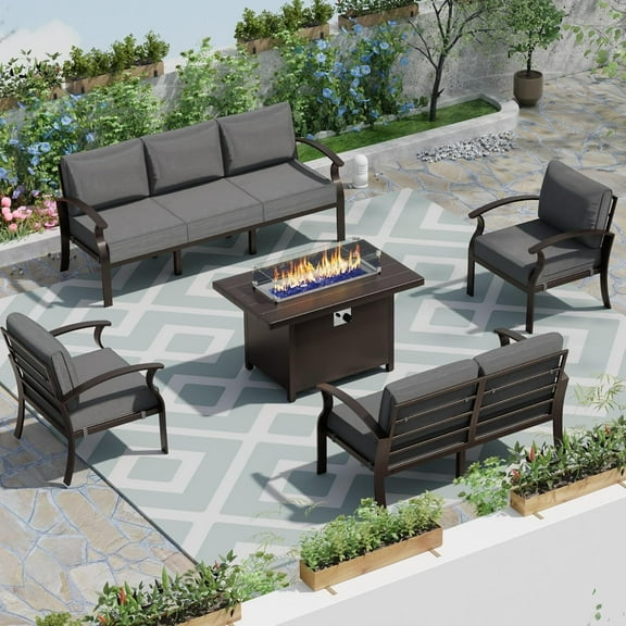 ASJMR 7 Seat Outdoor Patio Furniture Set with 45" Fire Pit Table,Outside Aluminum Sectional Sofa Conversation Sets with Gray Cushions