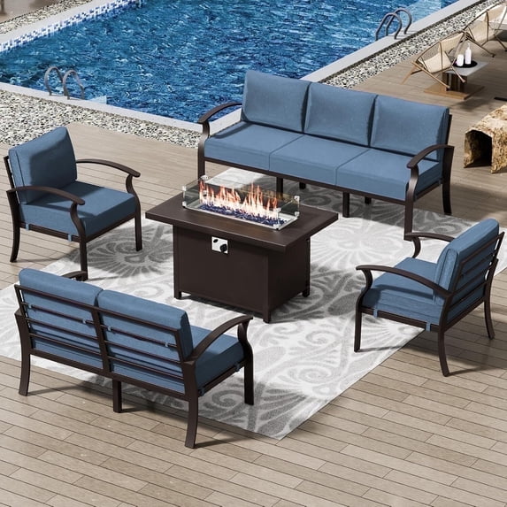 ASJMR 7 Seat Patio Conversation Set Aluminum Outdoor Sofa Furniture Set With Cushions & 45" Fire Pit Table,Navy