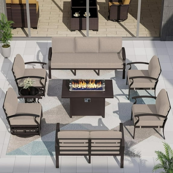 ASJMR 8 Pieces Aluminum Patio Conversation Furniture Set,Outdoor Sectional Sofa with Swivel Rocking Chairs and 45" Fire Pit Table,Sand