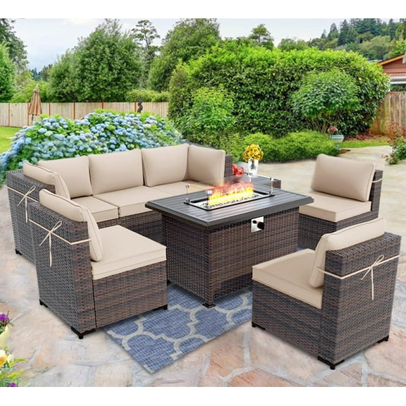 ASJMR 8 Pieces Outdoor Patio Furniture Set with Fire Pit Table,Outside PE Rattan Wicker Sectional Sofa Conversation Sets with Brown Cushions