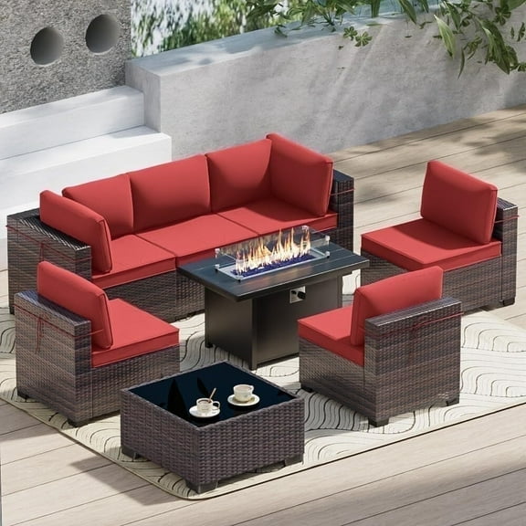 ASJMR 8 Pieces PE Wicker Conversation Furniture Set,Rattan Sectional Sofa with 45" Propane Gas Fire Pit Table And Coffee Table,Red
