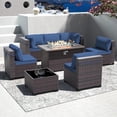 thumbnail image 1 of ASJMR 8 Pieces Wicker Patio Furniture Set With Gas Fire Pit Table,Outdoor Rattan Sectional Sofa Conversation Set With Cushions & Coffee Table,Navy, 1 of 10