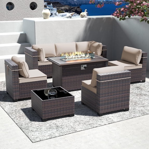 ASJMR 8 Pieces Wicker Patio Furniture Set With Gas Fire Pit Table,Outdoor Rattan Sectional Sofa Conversation Set With Cushions & Coffee Table,Sand