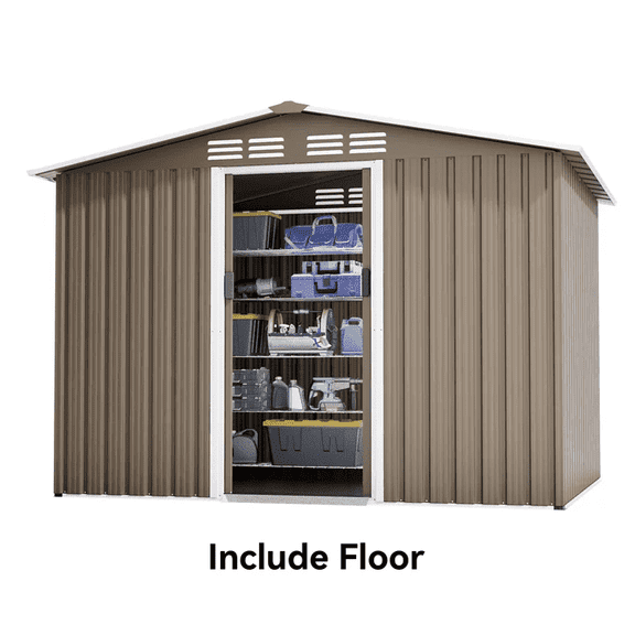 ASJMR 8'x6' Outdoor Metal Storage Shed with Floor for Garden & Tool Storage ,Weather-Resistant Design, Air Vent & Window, Brown