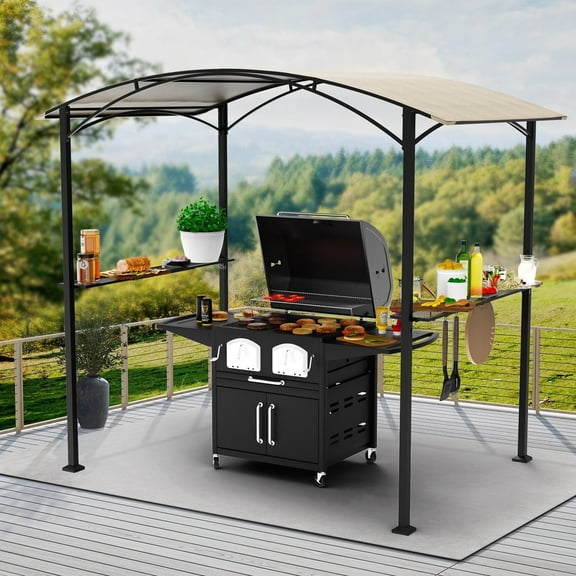 ASJMR 8x5 Ft Grill Gazebo Canopy Outdoor Steel Frame BBQ Pergola Shelter with Independent Countertop for Patio Backyard Lawn Garden