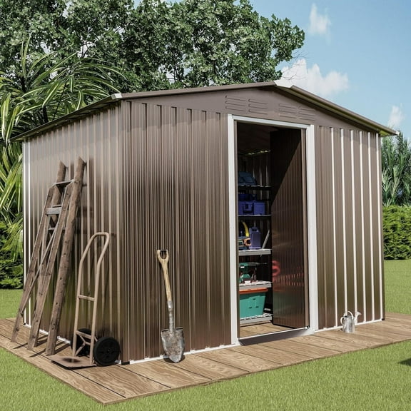 ASJMR 8x6x6 FT Outdoor Storage Shed Metal Garden Tool Shed With Sliding Lockable Doors & Ventilation for Backyard Patio Lawn,Brown