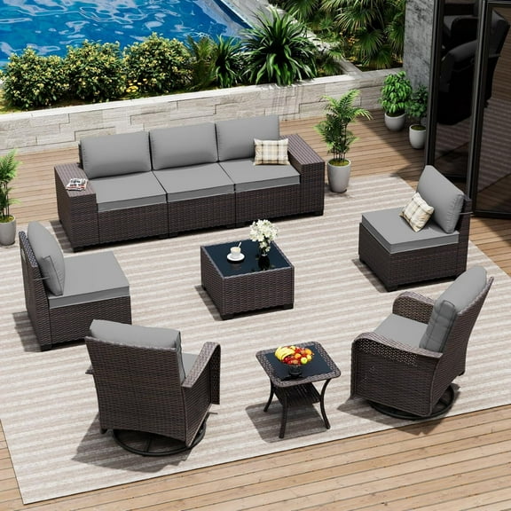 ASJMR 9 Pieces Outdoor Patio Furniture Set with Swivel Chairs and Coffee Tables, All-Weather Rattan Wicker Conversation Outside Sectional Sofa Chair Sets with Gray Cusions